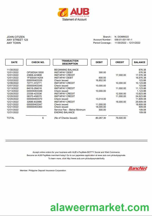 Philippines Asia United Bank (AUB) account statement
